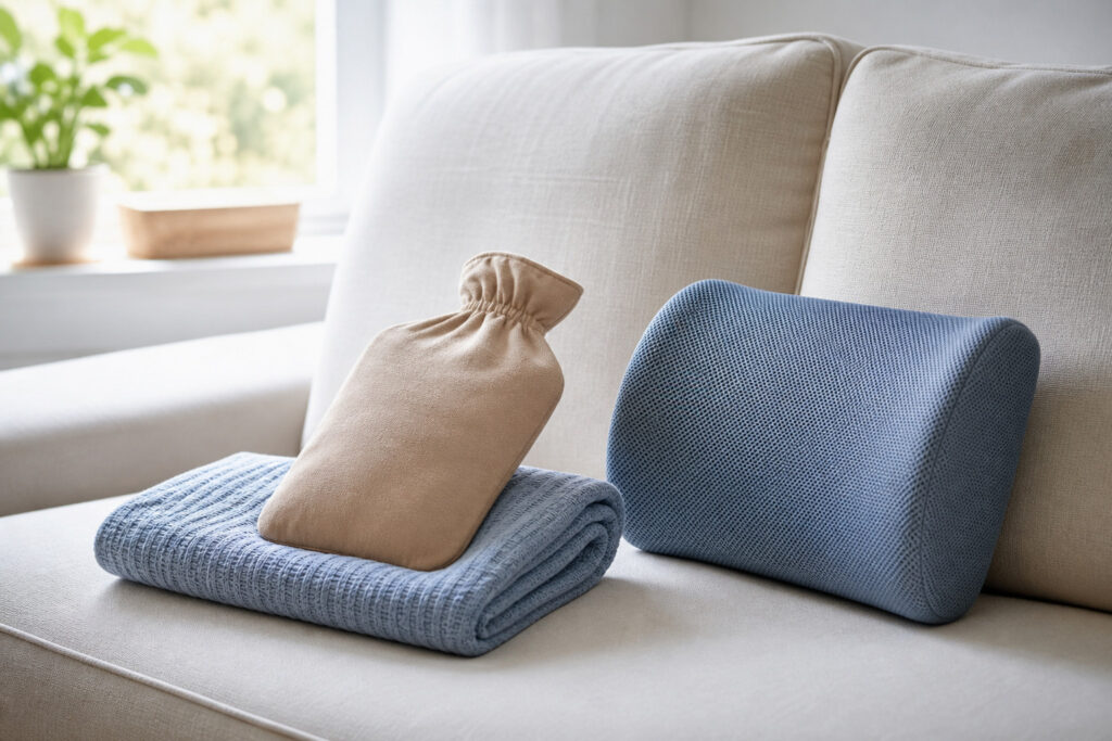 Bouillotte, couverture et coussin lombaire sur un canapé